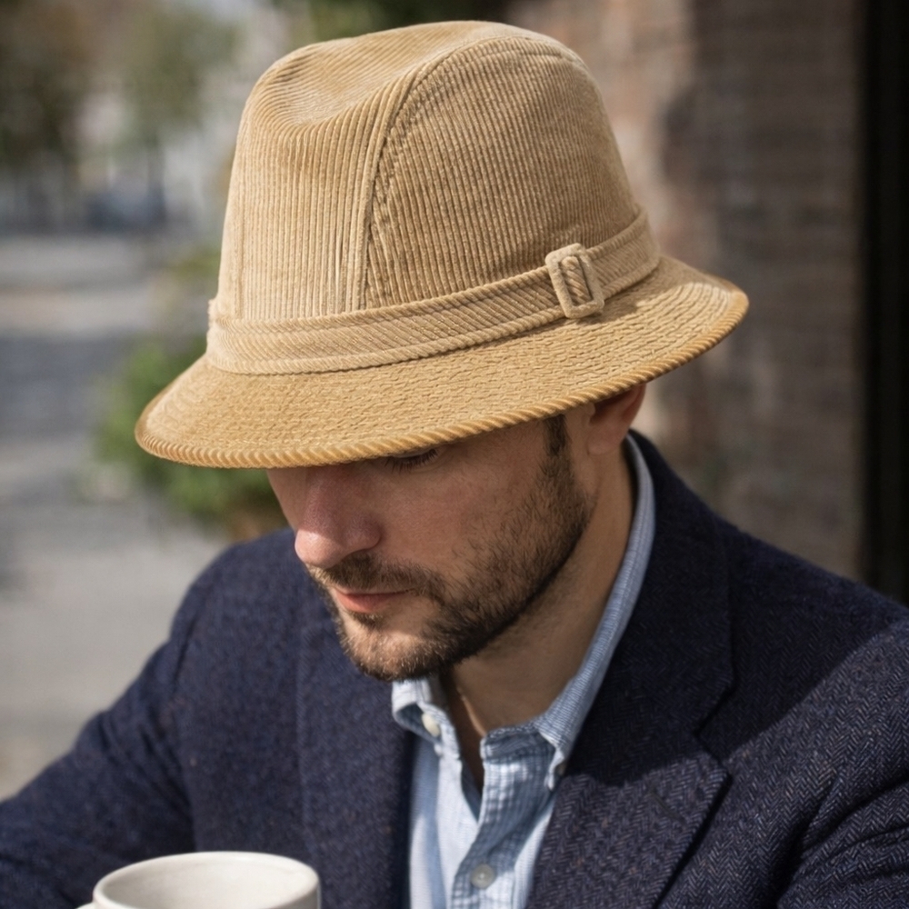 Vintage Men's Dobbs Fifth Ave New York Tan Brown Corduroy Side Buckle Fedora